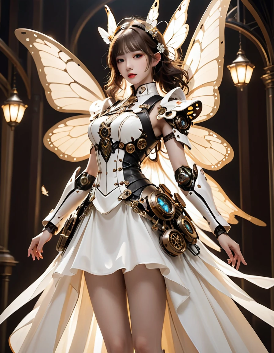 Detailed skinheads＿Beautiful steampunk fairy、Precision Gears、Detailed mechanical body、Detailed mechanical limbetal skin、A big butterfly wing gimmick、white flowy dress、(Gabriel Pacheco Style page)、mecha