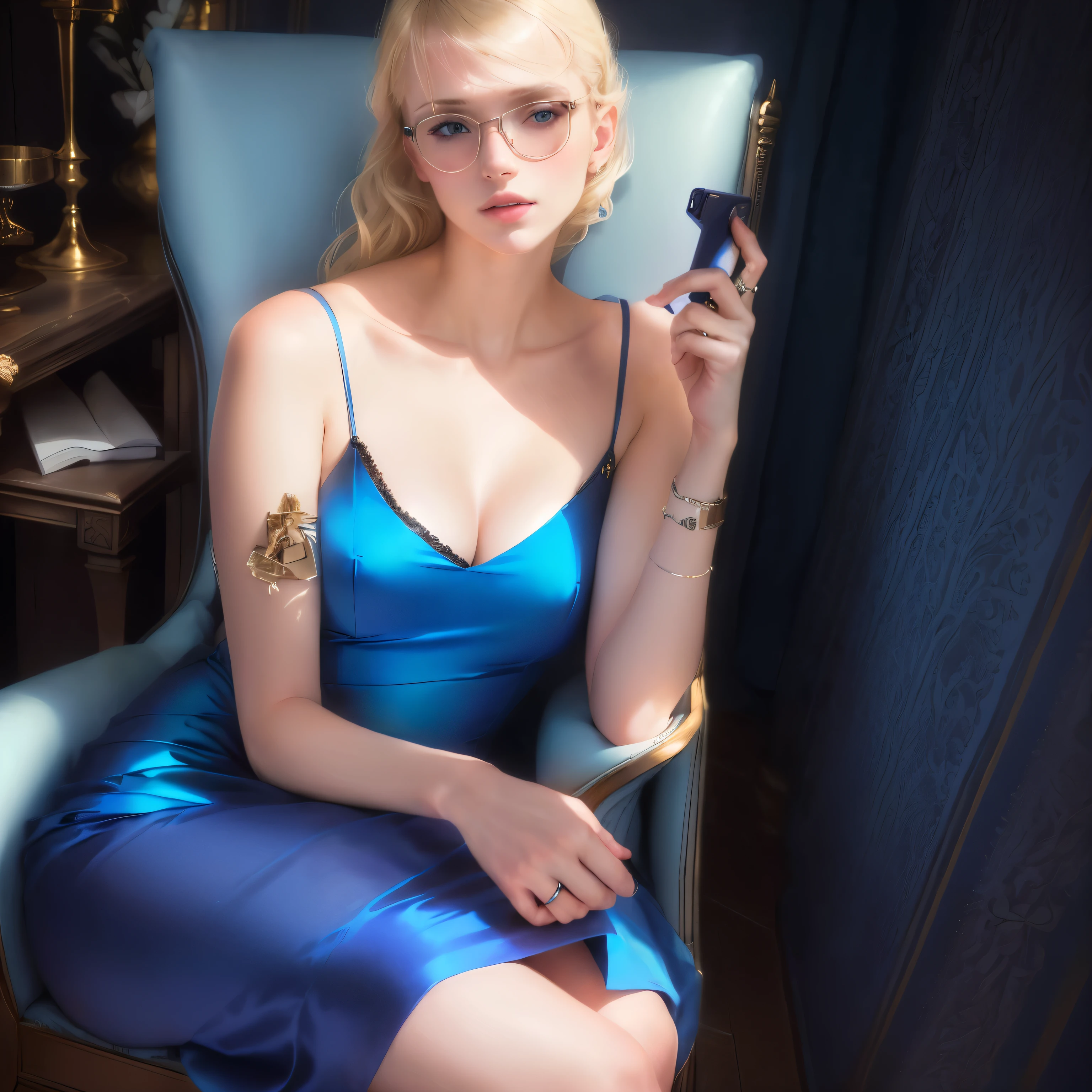 blonde woman in blue dress sitting on chair holding cell phone, Anna Nikonova alias Newmilky, Magdalena more often, Alexandre Waliszewska, Elena Belova, anastasia ovchinnikova, fille à lunettes, portrait de haute qualité photoshoot, portrait de haute qualité, style de Julia Razumova, John a crié, portrait photographique