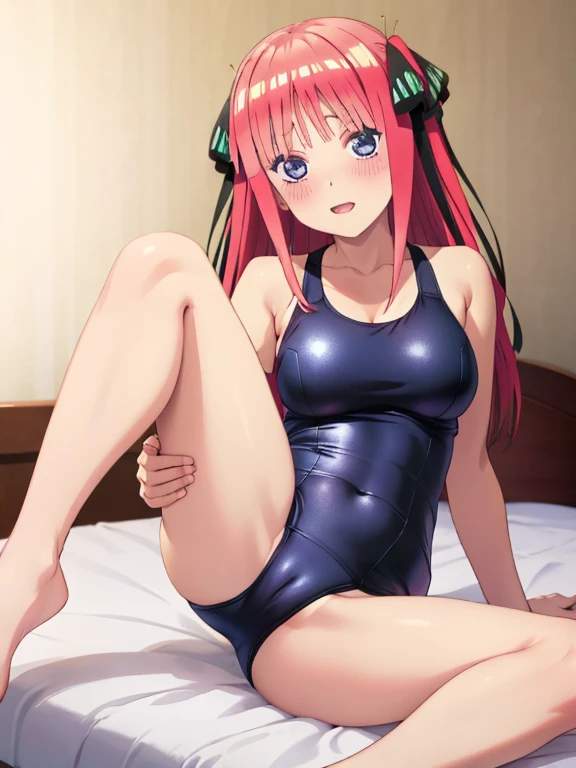 best quality, insanely detailed, nino nakano, breasts, blush, bedroom background, looking at viewer, pussy, one-piece swimsuit, cheerful eye, leg spread