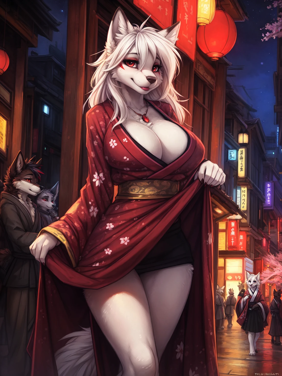 by kenket, Ross Tran, ruan jia, zaush, foxovh, by Zackary911, by hyattlen, by teranen, by fumiko, by Pixelsketcher, by fluff-kevlar, bye r-mk, by Dimwitdog, Furry, Anthro, (luxurious kimono), female white fox with red markings, kemono, (huge breasts), long (elegant) white hair, hourglass body, seductive, alluring eyes, looking at viewer, red markings on body, white fur, traditional japanese, magic fantasy, (mature), milf, tall, curvy, outdoors, red paper lanterns, (redlight district), nighttime, (red eyeshadow), red eyeliner, very expensive kimono with detailed cherry blossoms on it, (prostitute), subtle lipstick, wide hips, come hither, street, brothel, inviting viewer, (prostitution), ((crowded street)), ((multiple people)), multiple prostitutes in background, multiple males, (long eyelashes), (skirt lift), detailed pussy, labia,