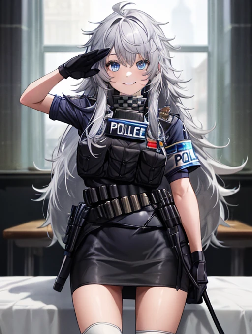 Tabletop, Highest quality, High resolution, One Girl, alone, Long Hair, Have, blue eyes, Gray Hair, My hair is messy, Black gloves, White socks, Police uniform, Black Skirt, Short sleeve, Cowboy Shot, salute, Put your hands on your hips,smile,