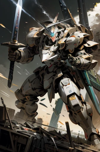 knight armor massive,mobile suits,roboT,meca,droid,heaby armor massive,human_not,anime style,holding_sword,masterpiece,masterpiece,best quality,super detailed,super fine illustration,8k,dynamic' angle,industry meca design,giant size.Break in battlefield,cigarette,explosion,collapse building,detailed background,