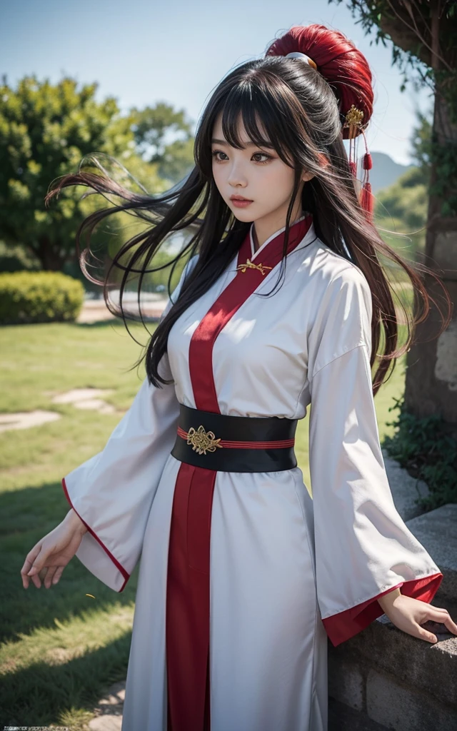 (骑着Kirin的中国女人),Kirin,Wear red Hanfu,Long hair fluttering in the wind,现代Fantasy风格,photography,Light Solution,real,Fantasy,Science Fiction