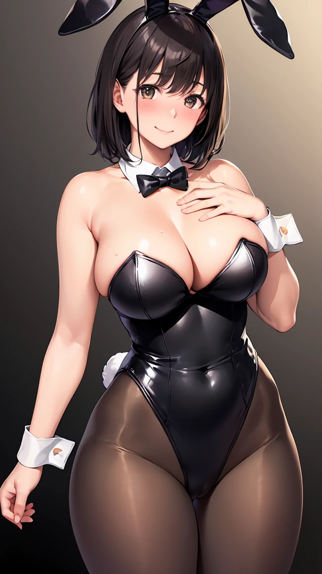 8K、An ultra-high picture quality、Best Quality、Finest quality、Highly detailed image quality、room、standing, Realistic Woman、Outstanding smile、Japanes woman、1 girl、45-year-old woman、married woman、(embarrassed:1.2)、(curvy body:1.5)、a navel、short black hair、Shiny skin、greaming skin、high gloss skin、gigantic breasts、(playboy bunny, black rabbit ears, wrist cuffs, black leotard, brown tights:1.5),arms behind back, looking at viewer、black background room、