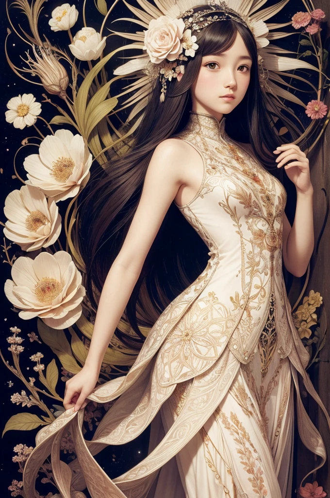 menera style, by Ernst Haeckel, exquisite illustration of a girl wearing flowers, anime, pixiv, kawaii girl, facing forward