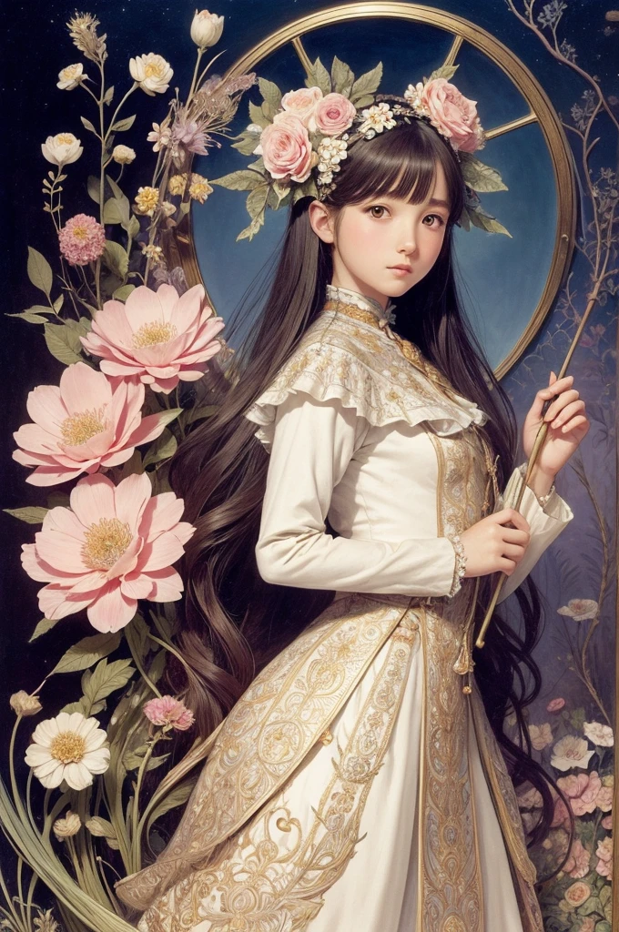 menera style, by Ernst Haeckel, exquisite illustration of a girl wearing flowers, anime, pixiv, kawaii girl, facing forward