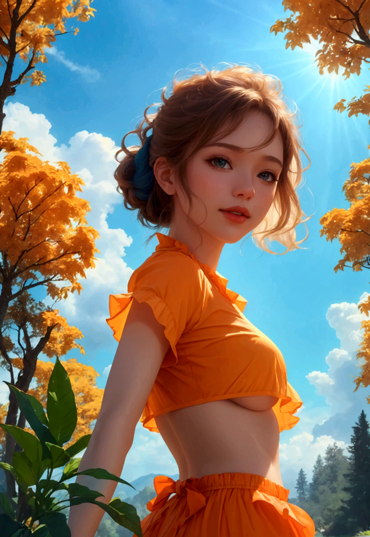 Take a selfie, Fashionista_Summer fashion with a mix of pastel orange and white colors, through a vast and beautiful landscape , Surrounded by lush nature, Extreme low angle butt up shot from below_see the view, shining smile, delicate details, brown short hair_ponytail style, pale skin, (best quality, 4K, 8k, high resolution, masterpiece: 1.2), very detailed, (realistic: 1.37), official art, amazing, serene, inspirational, dramatic lighting, forest, (sunny day_blue sky, Clumping clouds), natural beauty,