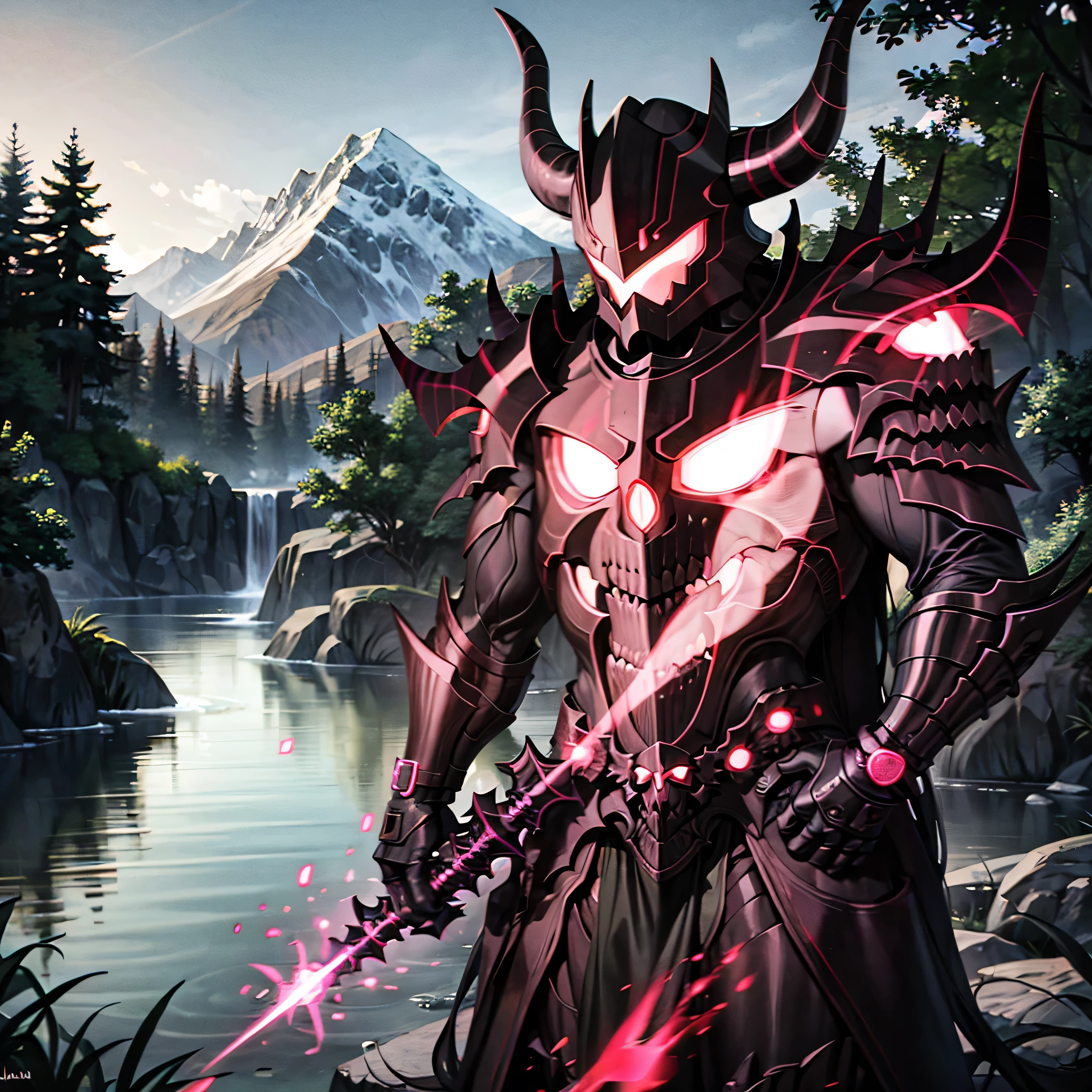 monster, black armor, helmet with horns, red glowing, blue sky, bracelet, bush, coral, day, fish, forest, grass, jewelry, lake, mountain, nature, outdoors, overgrown, palm tree, plant, river, rock, scenery, sky, solo, tree, vines, watch, water, waterfall
