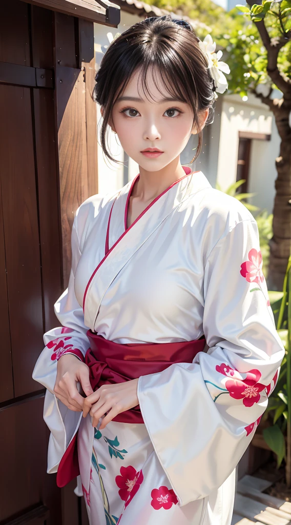 An arafi Asian woman wearing a kimono standing in front of the door, white hanfu, wearing white silk robe, wearing silver silk robe, classy yukata clothing, bath robe, Wearing kimono, pale and coloured kimono, in a kimono, Kimono, wearing simple robes, Classic kimono, wearing a simple robe, wearing a luxurious silk robe, Hanfu