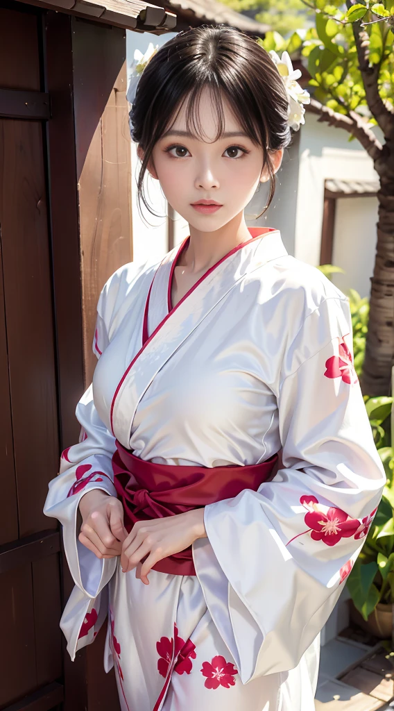 An arafi Asian woman wearing a kimono standing in front of the door, white hanfu, wearing white silk robe, wearing silver silk robe, classy yukata clothing, bath robe, Wearing kimono, pale and coloured kimono, in a kimono, Kimono, wearing simple robes, Classic kimono, wearing a simple robe, wearing a luxurious silk robe, Hanfu