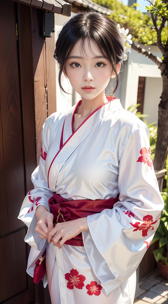 An arafi Asian woman wearing a kimono standing in front of the door, white hanfu, wearing white silk robe, wearing silver silk robe, classy yukata clothing, bath robe, Wearing kimono, pale and coloured kimono, in a kimono, Kimono, wearing simple robes, Classic kimono, wearing a simple robe, wearing a luxurious silk robe, Hanfu