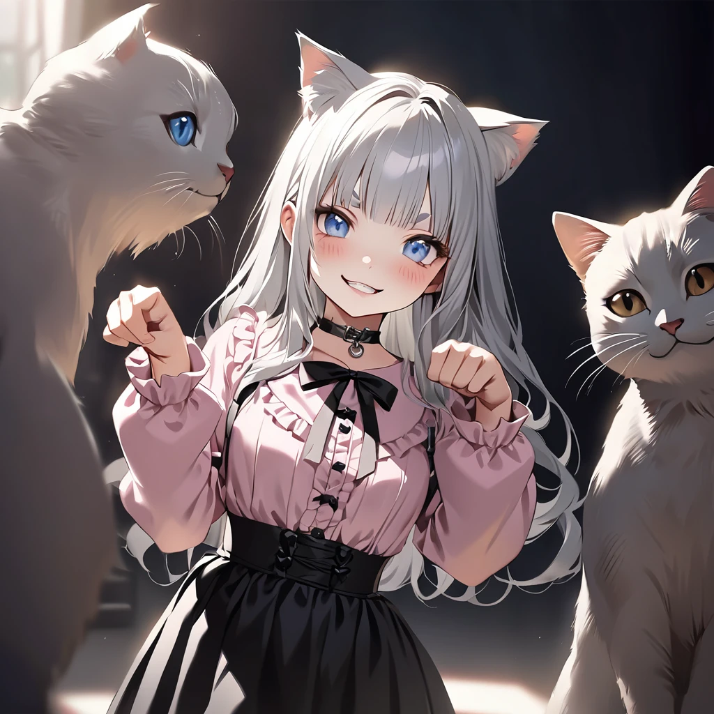 (Cute a girl:1.5), (a girl with silver hair, long hair, short eyebrows, bangs between the eyes, silver and blue eyes, pink shirt, cosplay, jirai kei, bangs, black skirt, black bow, looking at viewer, bow, long sleeves, choker, ribbon,evil grin,blush,cat ear,paw pose,tsurime,
:1.4), anime visual, (tilt head:1.3), realistic lighting and shading,muted colors,soft focus, (an extremely delicate and beautiful art:1.3),