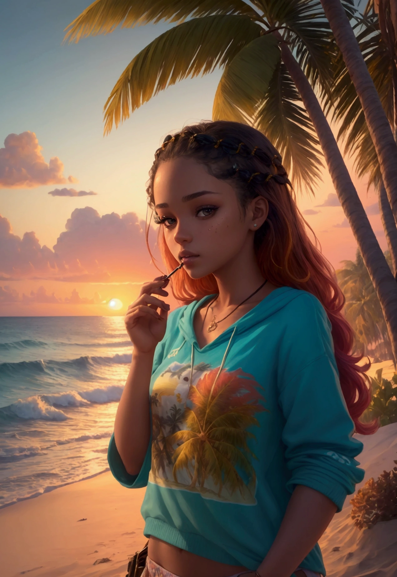 a beautiful young girl smoking marijuana cigarette on a tropical beach, sun shining, ocean waves, palm trees, sandy beach, sunset colors, detailed facial features, detailed clothing, detailed environment, photorealistic, cinematic lighting, vibrant colors, 8k, high quality, intricate details