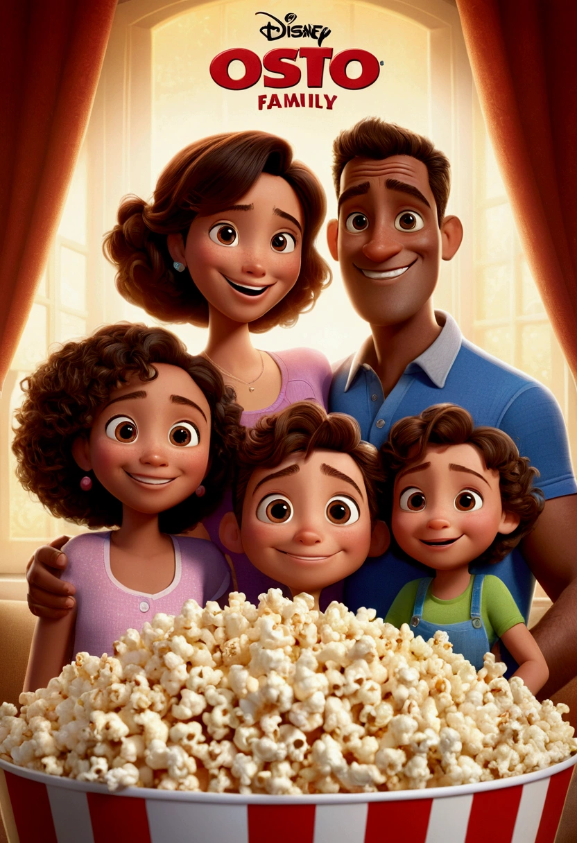 A Disney Pixar style movie poster with the title "OS BRITO" of a happy family (father, mother, girl, guy, 2 boys, and baby, all brown-skinned) in a room full of 3D Disney Pixar cartoon style popcorn in high definition, Lots of popcorn, masterpiece, the best quality, realistic, ultra detailed,