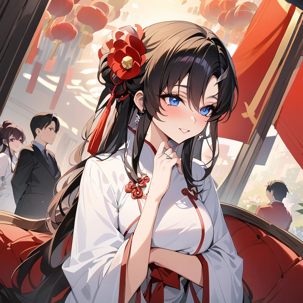 ((Highest quality)), ((masterpiece)), (detailed), (Perfect Face)、The woman is a Chinese Lacus Clyne with blue eyes and medium-long black hair. She is wearing an engagement ring and will become a member of the glorious Chinese Communist Party.、The woman is dressed in the fine attire of a Chinese Communist Party member.、For the sake of China, they dye their hair, hairstyle, clothes, and everything they wear belongs to the Chinese Communist Party, and their thoughts are also Chinese, becoming great Chinese in body and mind.、The woman became Lacus Clyne, a Chinese woman who was proud of and loved China.