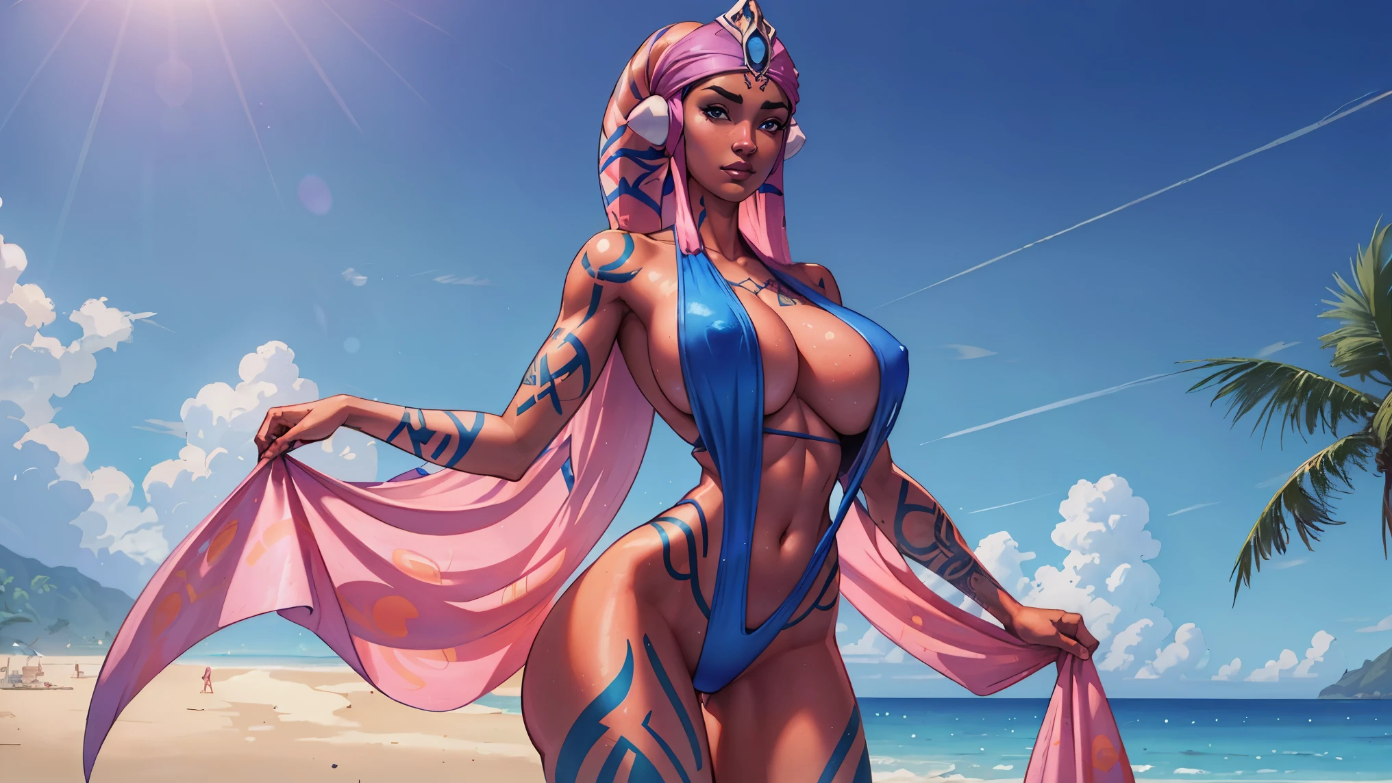 Bloom, HDR, lens flare, wide format, wallpaper, desktop, looking at viewer, Tall Blue Skin Twi'lek with (gigantic breasts) wearing a hot pink one-piece swimsuit and sarong, beach wrap, beach dress, on the beach, tattoos, cleavage, tall, graceful, (tall, long legs), athletic, slim hips, small waist, close-up