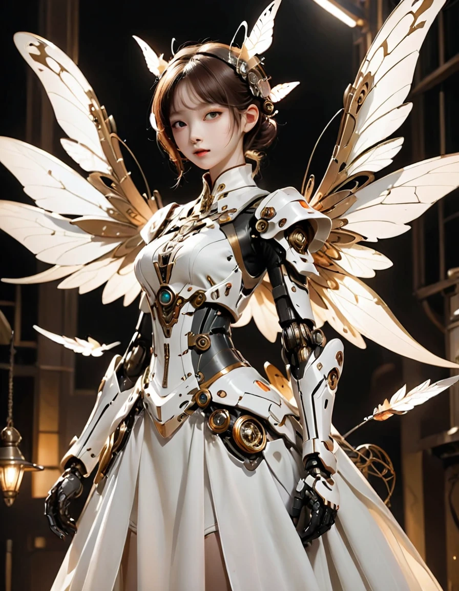 Detailed skinheads＿Beautiful steampunk fairy、Precision Gears、Detailed mechanical body、Detailed mechanical limbetal skin、A big butterfly wing gimmick、white flowy dress、(Gabriel Pacheco Style page)、mecha、Mechanical insects gather