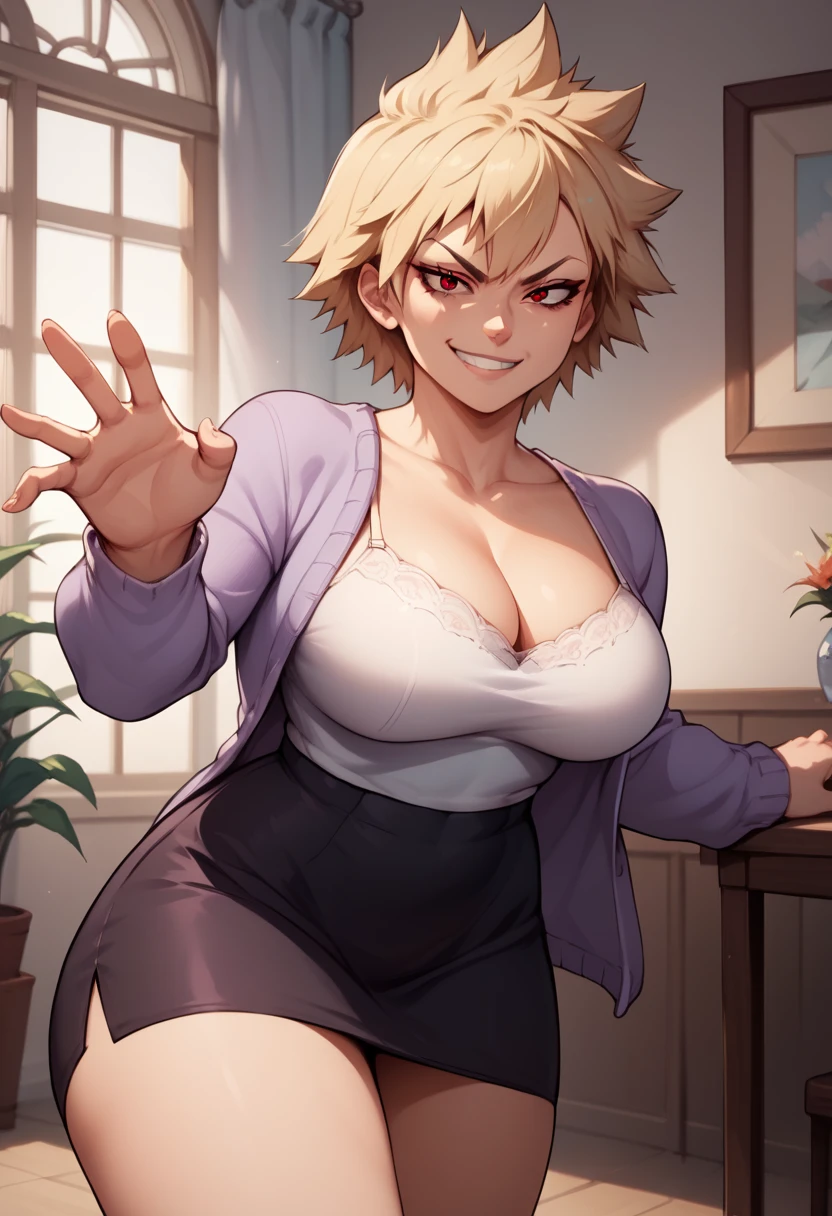 score_9, score_8_up, score_7_up, score_6_up, source_anime, 1girl, solo, mski, blonde hair, spiked hair, short hair, red eyes, mature female, purple cardigan, long sleeves, white camisole, cleavage, black skirt, large breasts, looking at viewer, smirk, indoors, thighs,dynamic pose