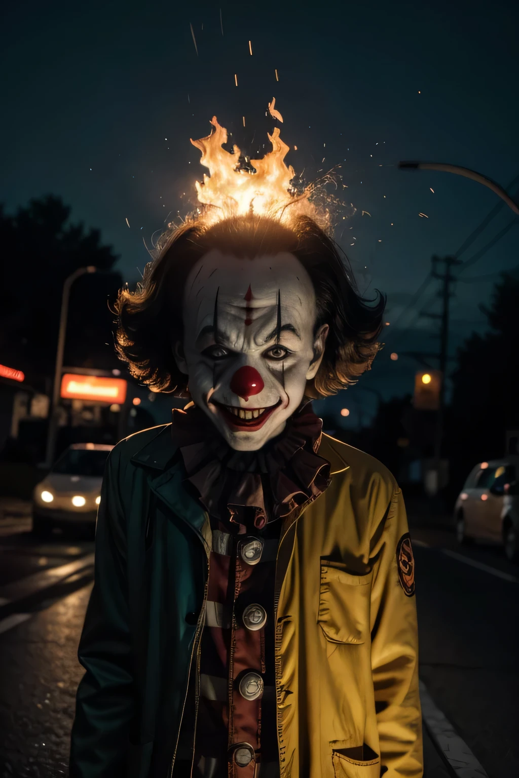 Creepy clown incinerates himself at car intersection