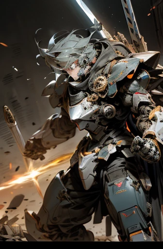 knight armor massive,mobile suits,(fullface brasched:1.3),roboT,meca,droid,heaby armor massive,human_not,anime style,holding_sword,masterpiece,masterpiece,best quality,super detailed,super fine illustration,8k,dynamic' angle,industry meca design,giant size.Break in battlefield,cigarette,explosion,collapse building,detailed background,