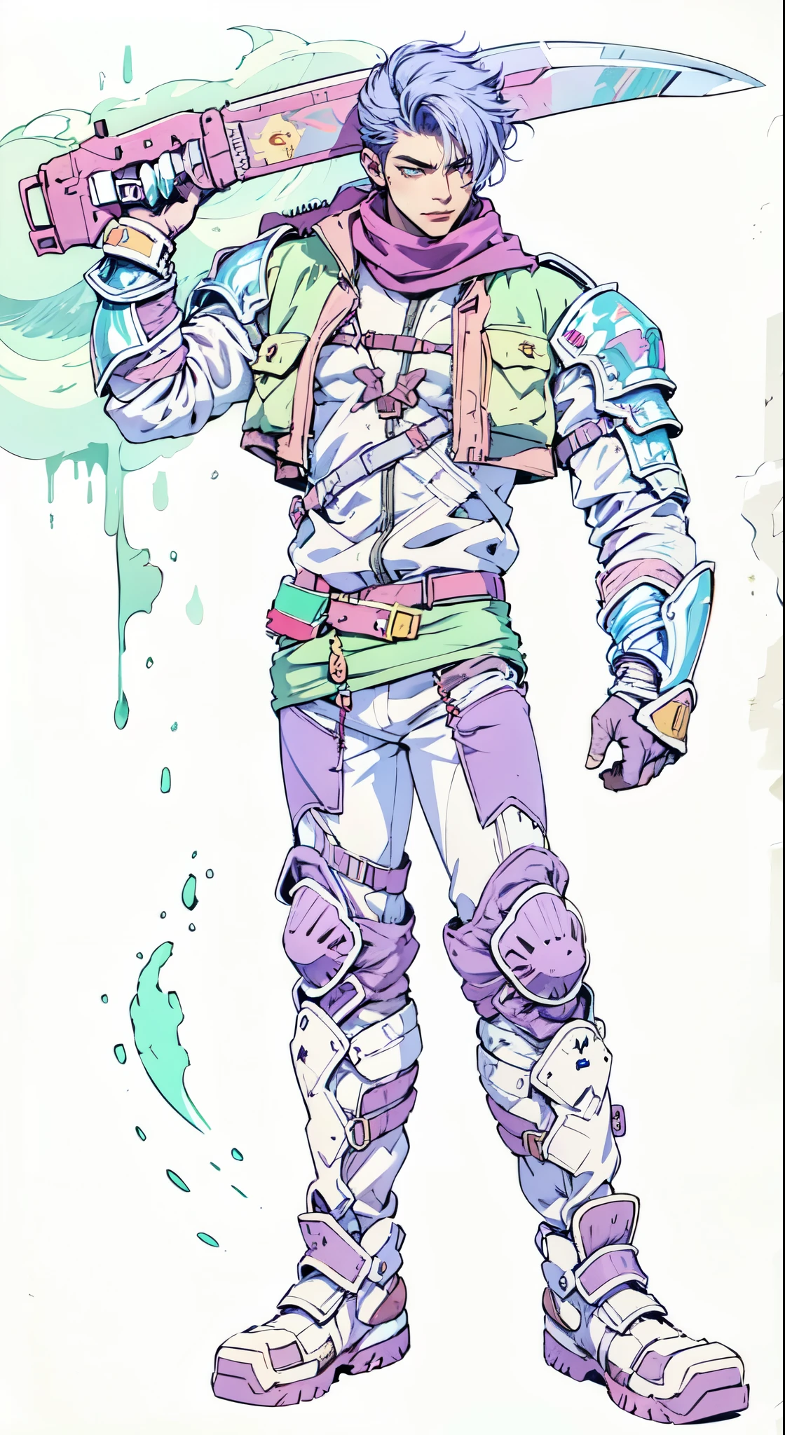 (masterpiece:1.2, best quality:1.2, extremely delicate:1.2), ((male:1.5)), a young man with short blue-purple hair, side-swept bangs covering one eye, a confident expression, a scar on the bridge of his nose, a slight smile on his lips, a dark green scarf around his neck, a fantasy-reality style rogue outfit, an open dark short vest, a layered futuristic tight armor underneath that emits a silver-blue glow, small fitted shoulder armor, matching arm guards and shin guards, a two-piece leather belt at his waist, layered canvas trousers, tall boots, he holds a serrated blade horizontally behind him with his raised right hand, standing imposingly on a windy and sandy hillside, this character embodies a finely crafted fantasy-reality-style rogue in anime style, exquisite and mature manga art style, dramatic, high definition, highres, ultra-detailed, ultra-fine painting, professional, perfect body proportions, golden ratio, anatomically correct, symmetrical face, extremely detailed eyes and face, high quality eyes, creativity, RAW photo, UHD, 32k, Natural light, cinematic lighting, (masterpiece-anatomy-perfect:1.2)