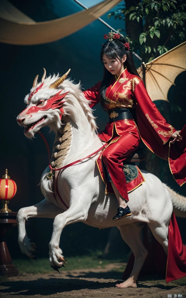 （Korean woman riding a dragon），Chinese dragon，Wear red Hanfu，现代Fantasy风格,photography,Light Solution,real，Fantasy，Science Fiction