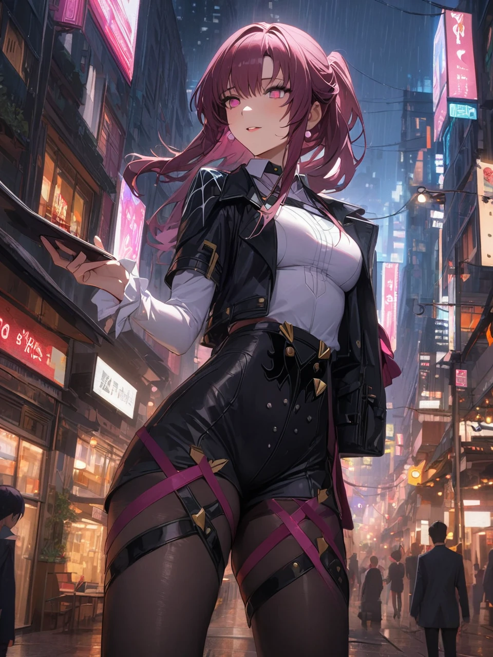 (1 girl), masterpiece, photoactual, 8k, (actual: 1.2), whole body, looking at the audience, pantyhose, purple hair, (Kafka: 1.2), pedestrian mall, beauty, (Medium breasts: 1.2) night, night sky, City, Cityscape, rain, (Dramatic: 1.2)