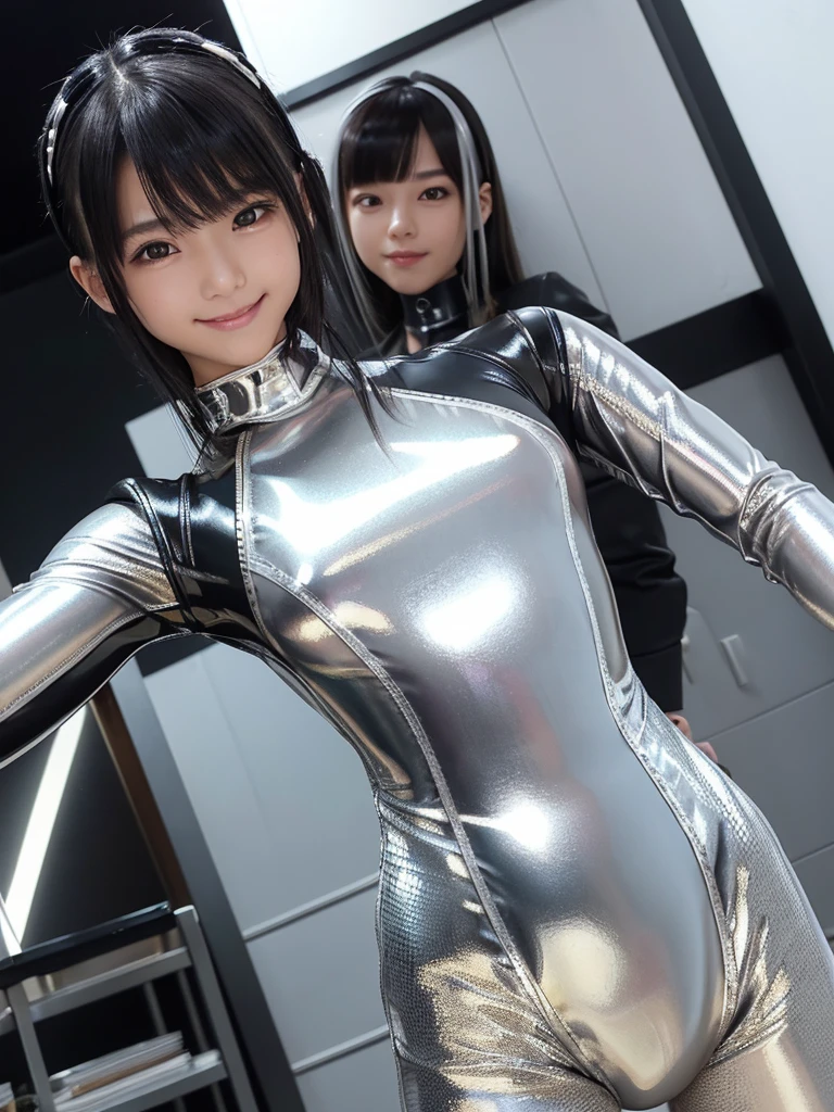 -yeld idShort Ponytail、Black Hair、Shot in a luxury hotel、Ultra-shiny metallic silver dress made from latex material、(超タイトなLatex metallic silver leotard:1.5)、(とても短いタイトスカートのLatex metallic silver leotard:1.7)、Photographing Japanese people、Latex metallic silver leotard、超反射するLatex metallic silver leotard、Smiling with teeth showing、Looking into the camera、Professional photography