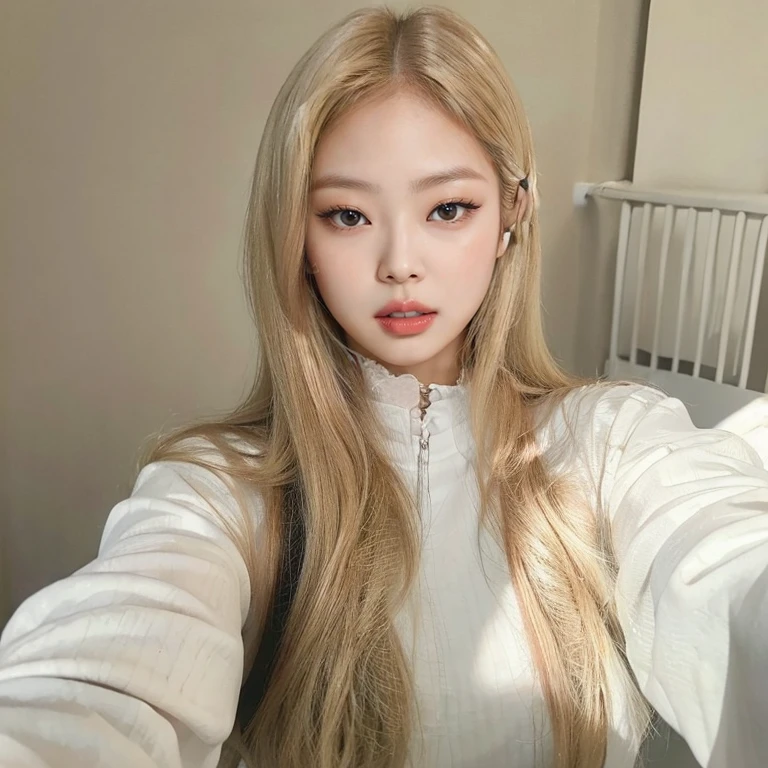 Jennie Kim, blond hair, full lips, doll lips, large eyes, smooth skin, clear face.