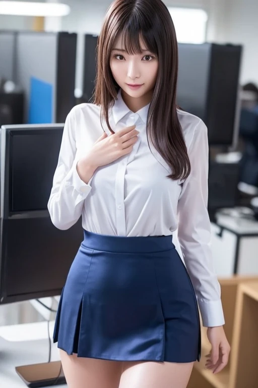 ((conference room)), Lewd smile、(Realistic、Realistic:1.37)、(masterpiece)、(Highest quality:1.4)、(Ultra-high resolution:1.2)、(RAW Photos:1.2)、(Sharp focus:1.3)、(stand:1.2)、elegant、(Whole Body Ezbian:1.2)、(Girl wearing a collared shirt and pleated skirt:1.3)、Very cute Japanese girl、(A faint smile:1.3)、(Makes hair shine:1.3)、 blonde、Short pleated skirt、Shot from under the desk、Beautiful and delicate eyes、 View your viewers、Photographed from a bottom-up angle、((Secretly photographing underwear under a skirt)), Black panties:1.8