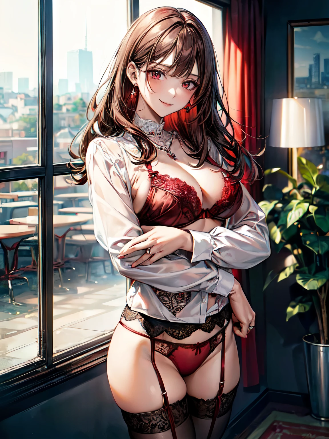 8K, (masterpiece, best quality:1.3), ((bokeh)), (short focus lens:1.4), anime style, Japanese, 1 lady, masterpiece, best quality, (Left to Right Balance), beautiful eyes, (Perfect Anatomy), (shiny skin, detailed skin),

 (light brown hair:1.3), medium hair, wavy hair: 1.3, red eyes, 

((red panties, red thong, red bra), black garter stockings:1.3)), White long sleeve blouse, ((the lady opening blouse with both hands, arms spread wide, revealing inner lining of blouse, dynamic pose)), front view, (wedding ring, Silver chain necklace with small red charm, simple silver earrings, silver bracelet),Office lady, Receptionist,

busty, sexy body, standing, 

(Bright smile), 

face light, cinematic lighting, sharp focus,

(beautiful scenery), daytime, (Indoor, contemporary tech office), window cityscape, very wide, panorama view,