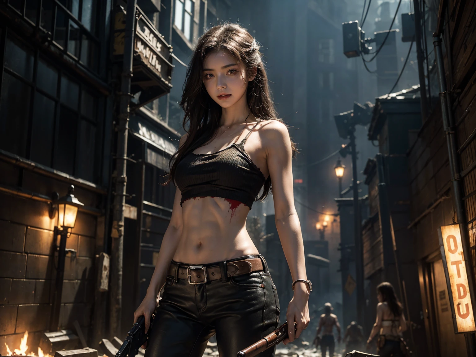 A stunning beauty stands victorious amidst a horde of undead, girl with gun,killing zombies,her bare midriff exposed as she gazes down at the gory aftermath. Her ripped shirt hangs open, revealing a tantalizing glimpse of toned skin, while the severed zombie heads and scattered limbs around her feet attest to her brutal hand-to-hand combat skills. The desolate, blood-soaked alleyway provides a haunting backdrop for this petite powerhouse,cowboy_shot,light_smile