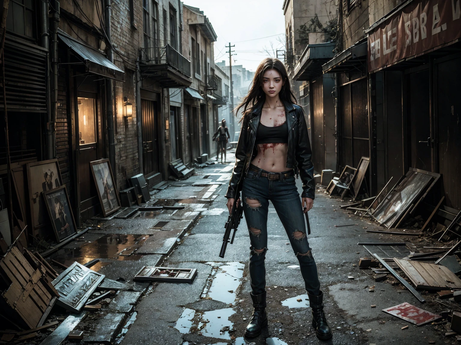 A stunning beauty stands victorious amidst a horde of undead, girl with gun,killing zombies,her bare midriff exposed as she gazes down at the gory aftermath. Her ripped shirt hangs open, revealing a tantalizing glimpse of toned skin, while the severed zombie heads and scattered limbs around her feet attest to her brutal hand-to-hand combat skills. The desolate, blood-soaked alleyway provides a haunting backdrop for this petite powerhouse,cowboy_shot,light_smile