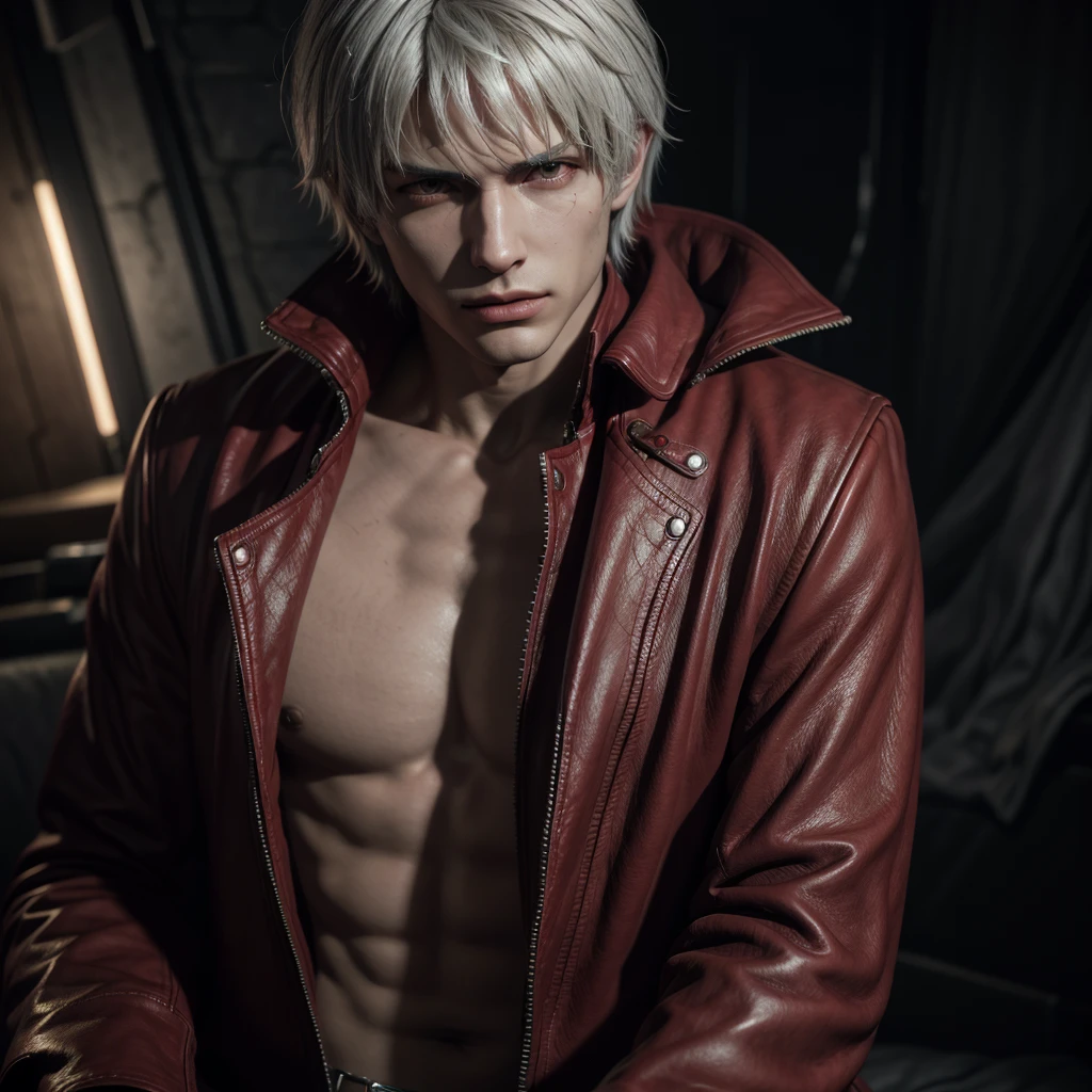 Dante de "Devil May cry" and 8K, high resolution, hd quality, super realistic, Realistic skin, dim glow. 