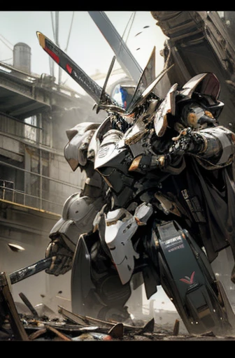 knight armor massive,mobile suits,(roboT brasched:1.3),roboT,meca,droid,heaby armor massive,human_not,anime style,holding_sword,masterpiece,masterpiece,best quality,super detailed,super fine illustration,8k,dynamic' angle,industry meca design,giant size.Break in battlefield,cigarette,explosion,collapse building,detailed background,