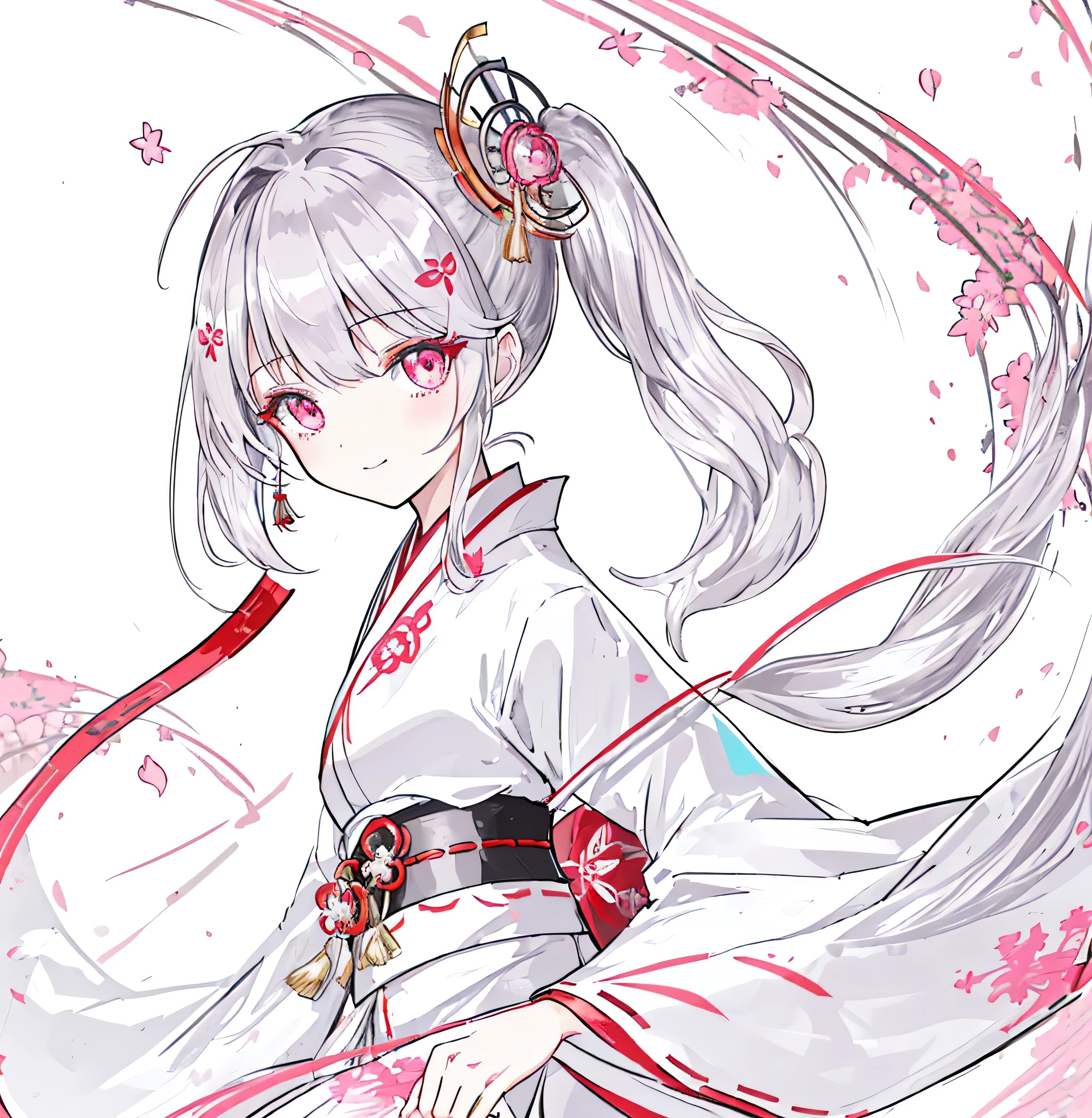 [(white background:1.4)::5],original,(illustration:1.1),(best quality),(masterpiece:1.1),(extremely detailed CG unity 8k wallpaper:1.1), (colorful:0.9),(mid shot:0.95),((highly detailed beautiful face and eyes)),(solo:1.2), (girl),(((adult))), (detailed beautiful eyes:1.15), (beautiful face:1.15), (glowing pink eyes:1.25////),(((silver medium hair))),(+perfect hand+:1.21),(Draw an illustration of japanese miko),(((side ponytail))),(Religious),(slender),(from side),(is wearing white kimono),(fantasy miko clothes),((beutiful slender girl with white kimono)),smile,(adult),side ponytail,