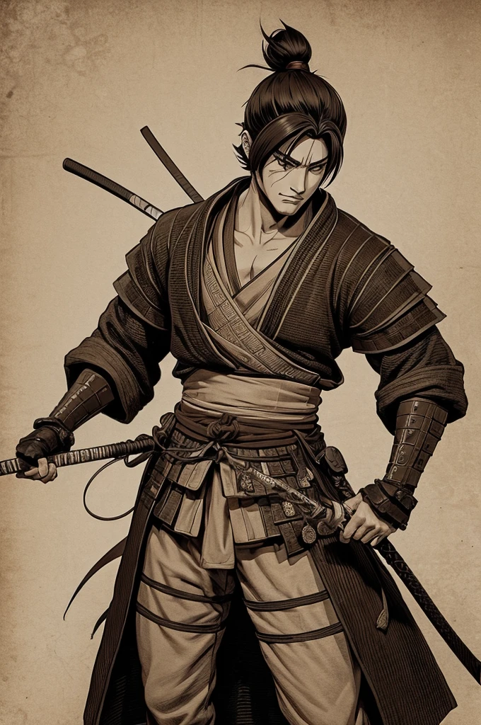 Cool male samurai sepia style wanted criminal anime line drawing style