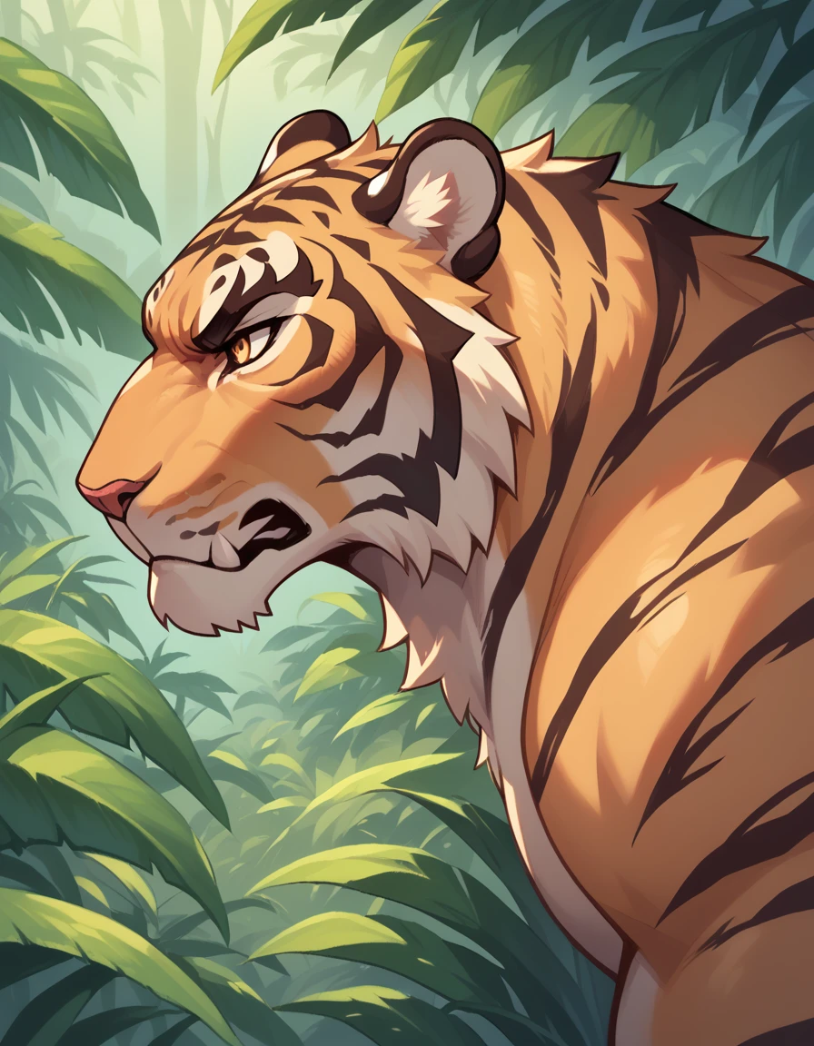 (a nude tiger with a big penis, standing powerful, angry, horny, detailed eyes) in a jungle, (side view:1.2)