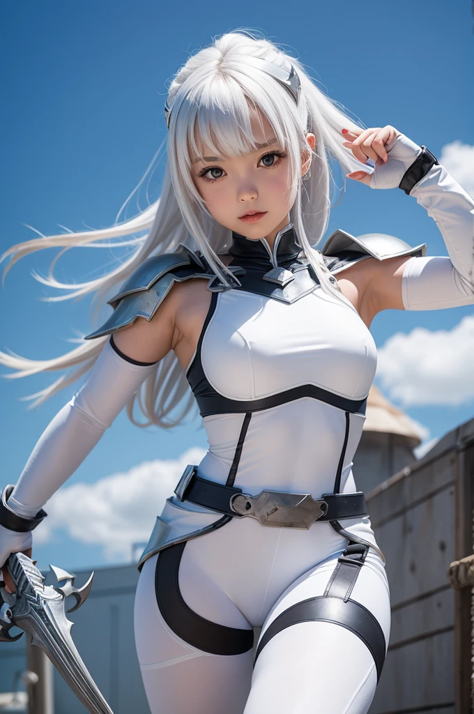 A girl in a white all-metal hero costume with giant iron claws