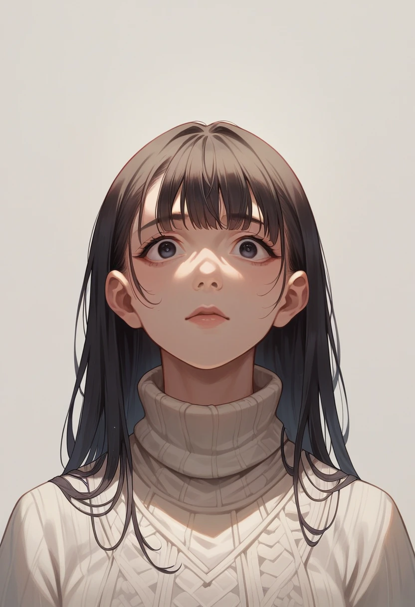 masterpiece, High resolution, perfect face, Japan beauties, 25 years old, beautiful face, white simple background, turtle neck sweater , look at the camera, (top quality eyes), detailed texture, Look at me, Married woman, cool women, ((high resolution eyes))