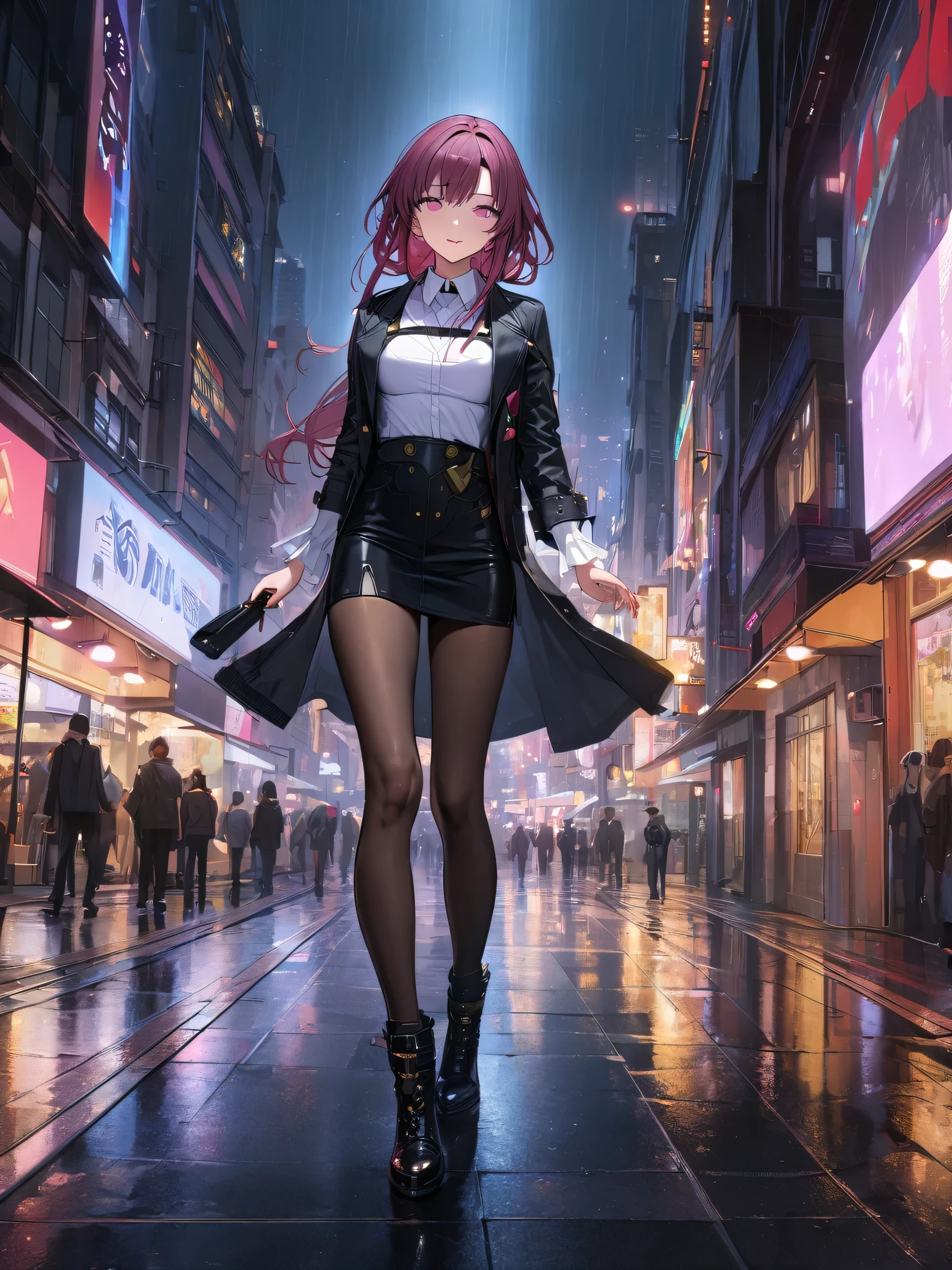 (1 girl), masterpiece, photoactual, 8k, (actual: 1.2), whole body, looking at the audience, pantyhose, purple hair, (Kafka: 1.2), pedestrian mall, beauty, (Medium breasts: 1.2) night, night sky, City, Cityscape, rain, (Dramatic: 1.2)