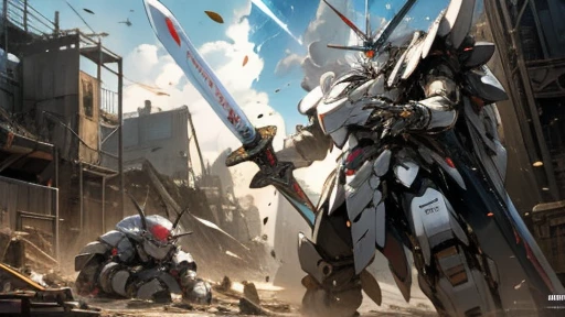 knight armor massive,mobile suits,(roboT brasched:1.3),roboT,meca,droid,heaby armor massive,human_not,anime style,holding_sword,masterpiece,masterpiece,best quality,super detailed,super fine illustration,8k,dynamic' angle,industry meca design,giant size.Break in battlefield,cigarette,explosion,collapse building,detailed background,
