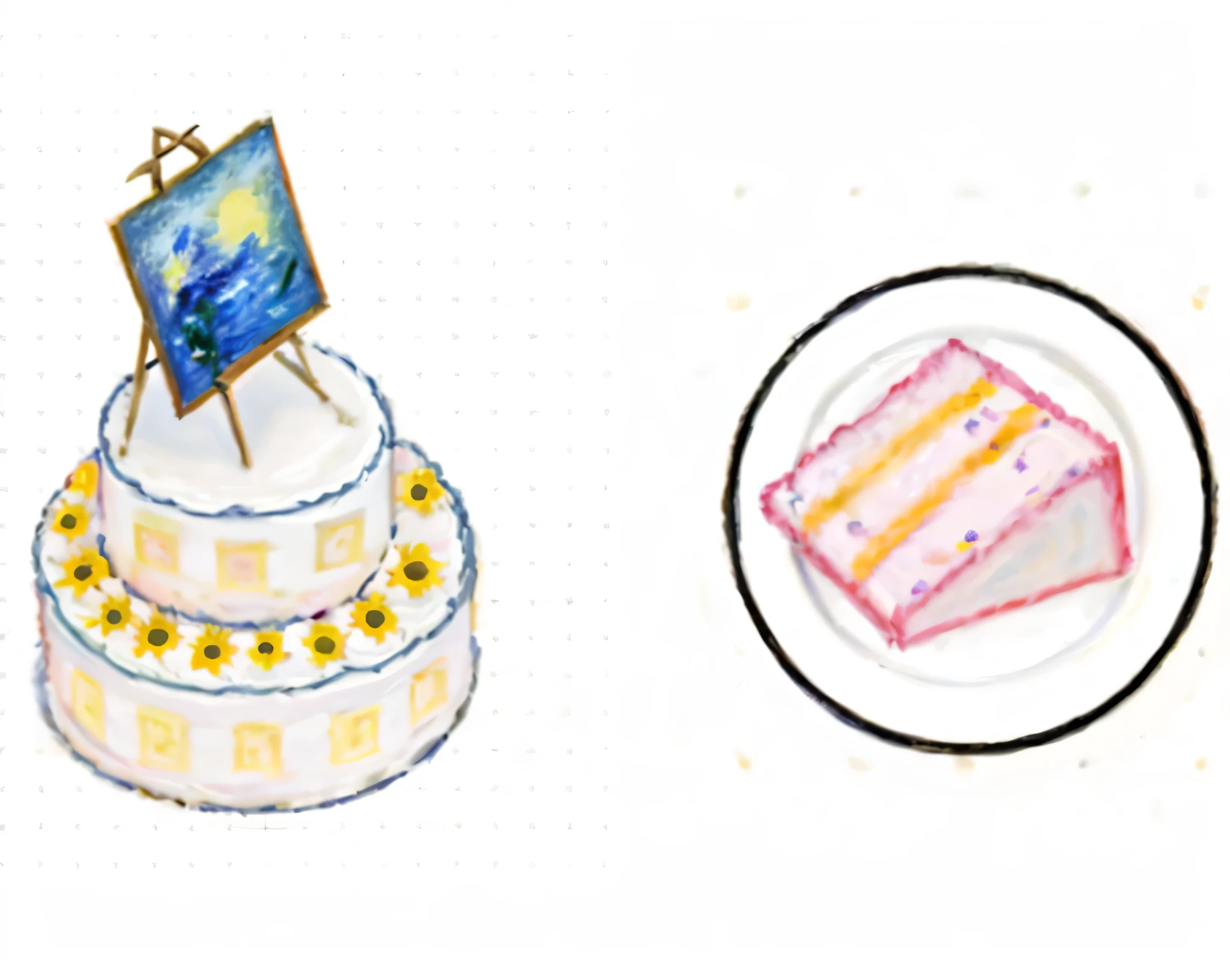 there are two cakes and a cake with a painting on top, google arts and cultures, textbook illustration in clolour, baking artwork, blurry and dreamy illustration, simple and clean illustration, cake, cake art, wikihow illustration, varying art styles, illustrated in whimsical style, blurred and dreamy illustration, cakes, midsommar color theme, illustration in the golden ratioMasterpiece on canvas in the style of Claude Monet, extremely beautiful, detailed landscape, elements of surrealism, symbolism and surrealism, intricate design, foliage, flowers, landscape, pastel colors