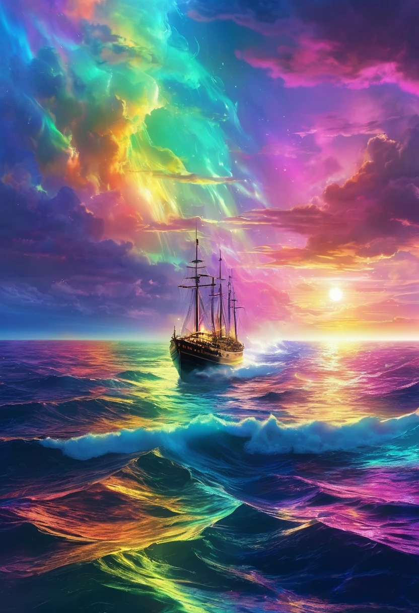 Iridescent Seaの上を走る大客Boat,Boat、The rainbow Titanic、colorful,Iridescent smoke、The rainbow TitanicはIridescent smokeを出している、Beautiful sea,wonderful景色,Seaside,Iridescent Sea、An atmosphere full of dreams and hope,masterpiece.16K, Ultra-high resolution, Ultra-high resolution, to be born,wonderful ,future、Iridescent、The world 30 years from now。