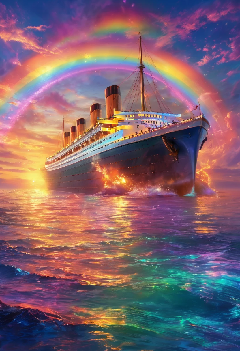 Iridescent Seaの上を走る大客Boat,Boat、The rainbow Titanic、colorful,Iridescent smoke、The rainbow TitanicはIridescent smokeを出している、Beautiful sea,wonderful景色,Seaside,Iridescent Sea、An atmosphere full of dreams and hope,masterpiece.16K, Ultra-high resolution, Ultra-high resolution, to be born,wonderful ,future、Iridescent、The world 30 years from now。