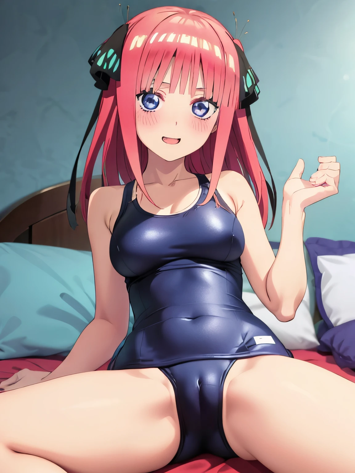 best quality, insanely detailed, nino nakano, , blush, bedroom background, looking at viewer, pussy, iece swimsuit, cheerful eye, leg spread