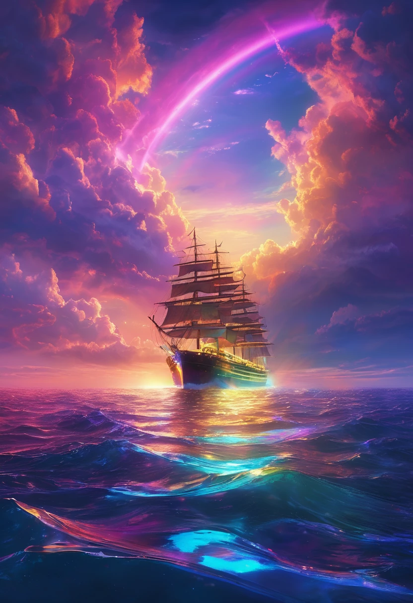 Iridescent Seaの上を走る大客Boat,Boat、The rainbow Titanic、colorful,Iridescent smoke、The rainbow TitanicはIridescent smokeを出している、Beautiful sea,wonderful景色,Seaside,Iridescent Sea、An atmosphere full of dreams and hope,masterpiece.16K, Ultra-high resolution, Ultra-high resolution, to be born,wonderful ,future、Iridescent、The world 30 years from now。