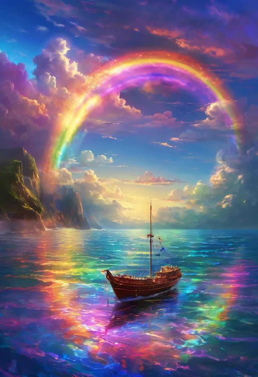 Iridescent Seaの上を走る大客Boat,Boat、The rainbow Titanic、colorful,Iridescent smoke、The rainbow TitanicはIridescent smokeを出している、Beautiful sea,wonderful景色,Seaside,Iridescent Sea、An atmosphere full of dreams and hope,masterpiece.16K, Ultra-high resolution, Ultra-high resolution, to be born,wonderful ,future、Iridescent、The world 30 years from now。