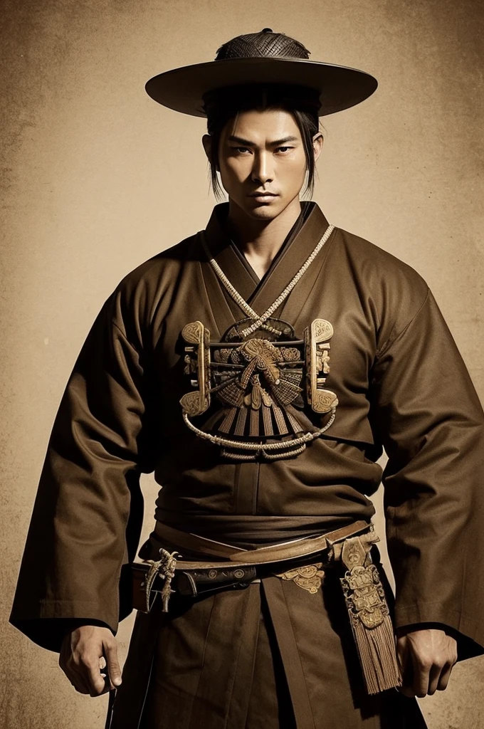 A cool male samurai、In sepia style for wanted criminals、I would like it in anime line drawing style.