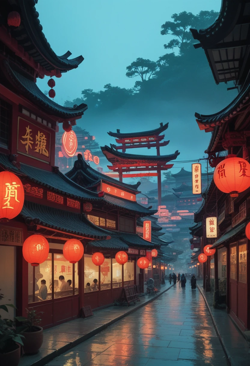 Scenery in ancient China with neon lights